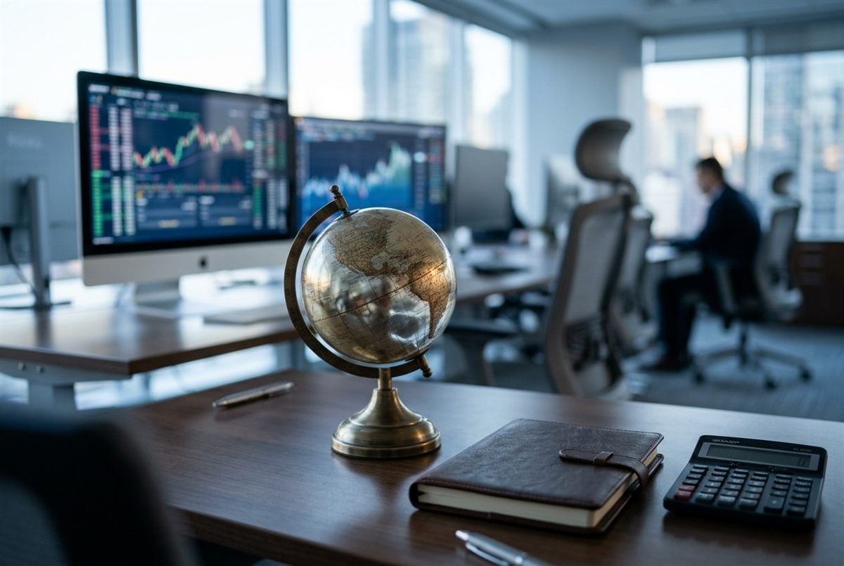 A desk with a globe, a notebook and a calculator in front of financial charts