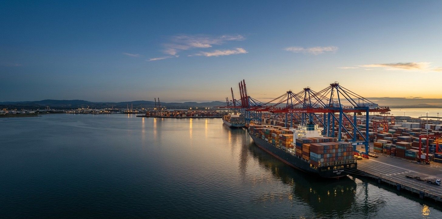 A container ship at a port with cranes at dusk