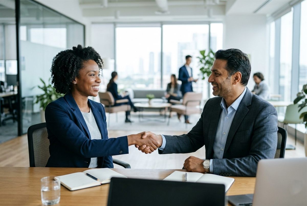 Two business colleagues shaking hands in a modern office